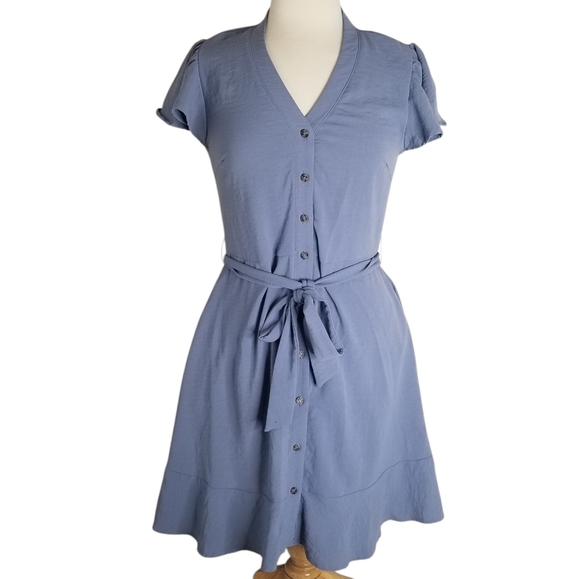 Lucky Brand Blue Crepe Button Front Tie Waist Dress Size L Flutter Sleeves - Picture 1 of 14